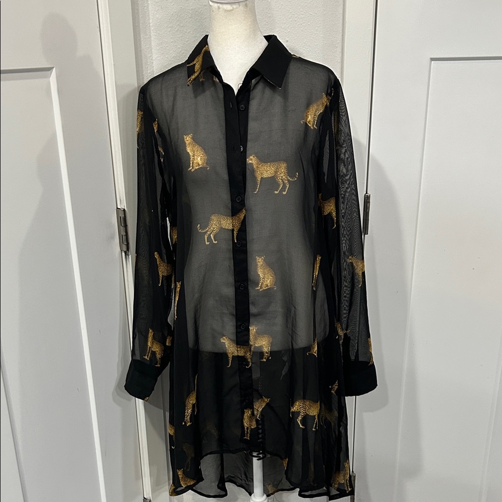 Live  4 Truth women’s Sheer Black Shirt Dress with Gold Leopard Print.